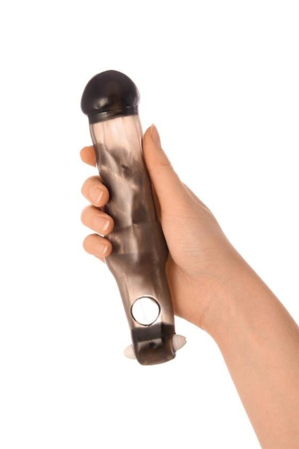xToyFa XLover, Penis Sleeve, for increase in size with vibration, TPE, transparent black, 19.4 cm - obrazek 3