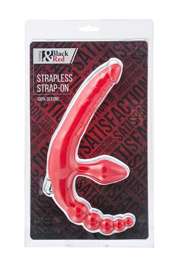 Black & Red, Beltless strapon with vibro bullet, moisture resistant, silicone, red 35 cm - obrazek 3