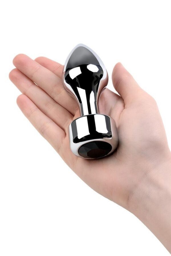 Silver anal plug TOYFA Metal with black round shaped gem, length 8,2 cm, diameter 2,5 3,8 cm, weight 210 gr - obrazek 4