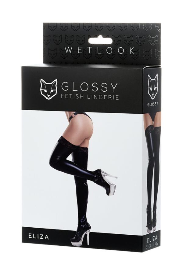 Glossy Shiny Wetlook stockings with a lace ELIZA   black XL - obrazek 4