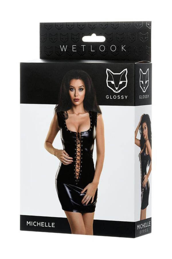 Glossy Shiny Wetlook dress with a lace MICHELLE   black XL - obrazek 4