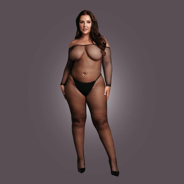 Bodystocking with off shoulder neckline, fishnet structure and open crotch. - obrazek 5